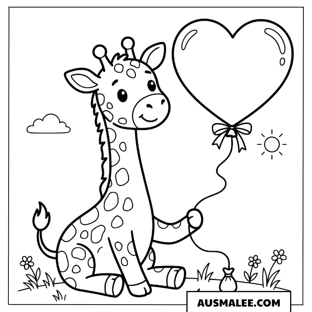 Ausmalbild Giraffe mit Herzluftballon