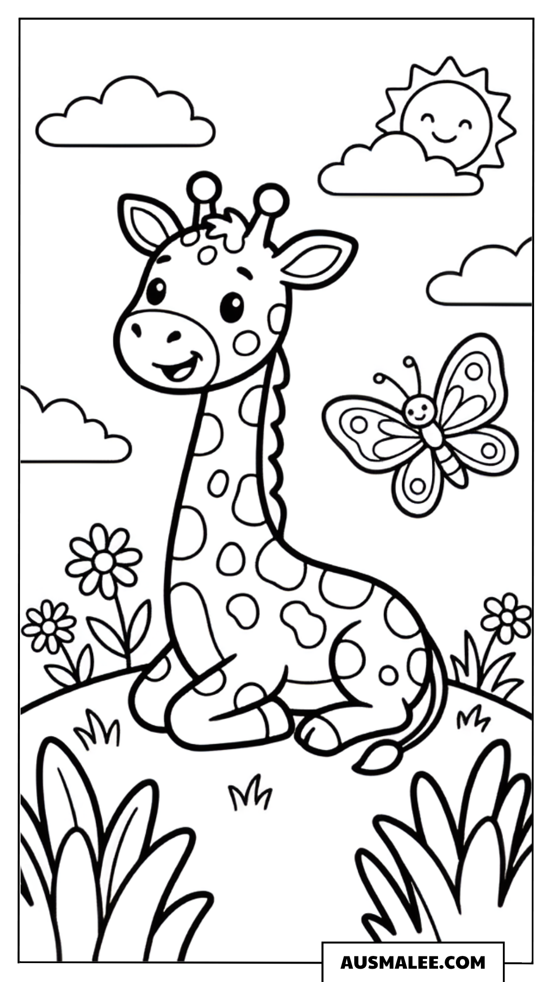 Ausmalbild Giraffe mit Schmetterling