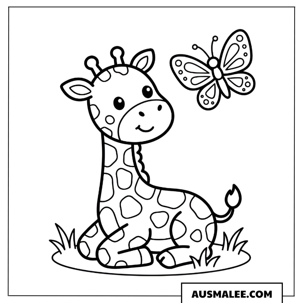 Ausmalbild Giraffe mit Schmetterling