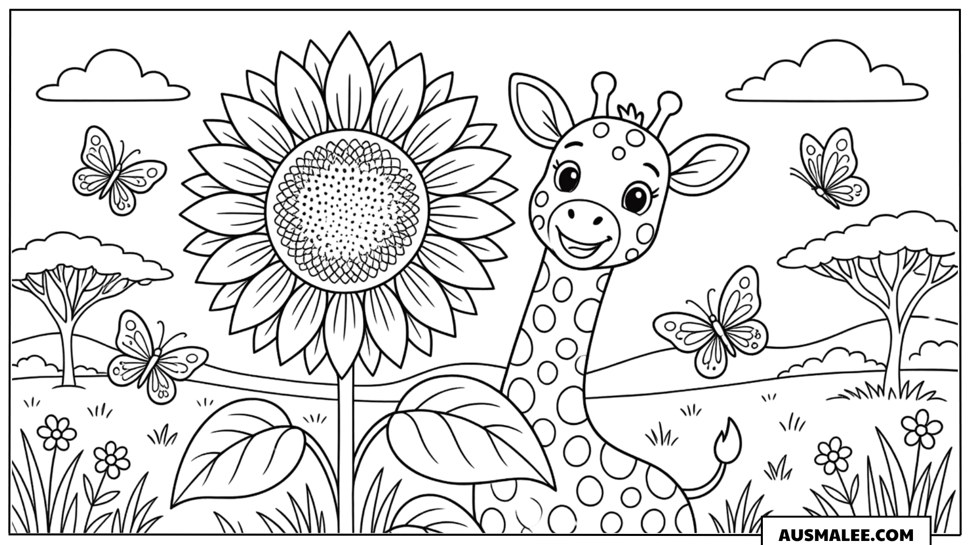 Ausmalbild Giraffe mit Sonnenblume