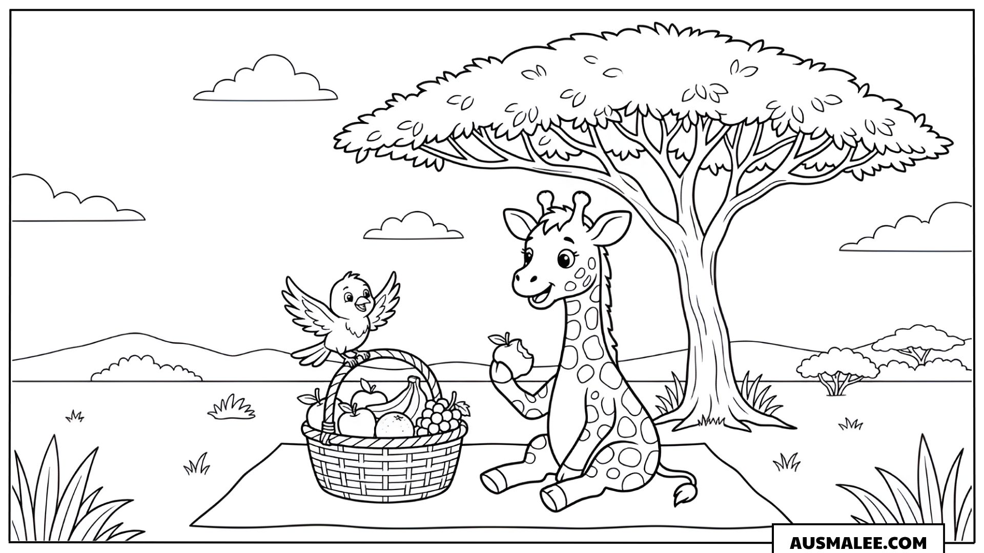 Ausmalbild Giraffe mit Vogel und Picknick