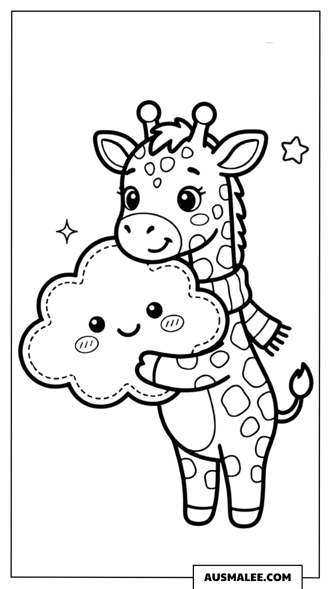Ausmalbild Giraffe mit Wolkenkissen