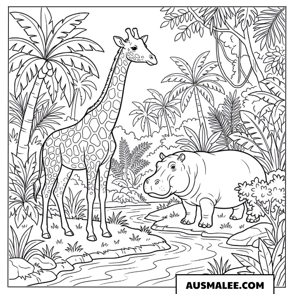 Ausmalbild Giraffe und Nilpferd