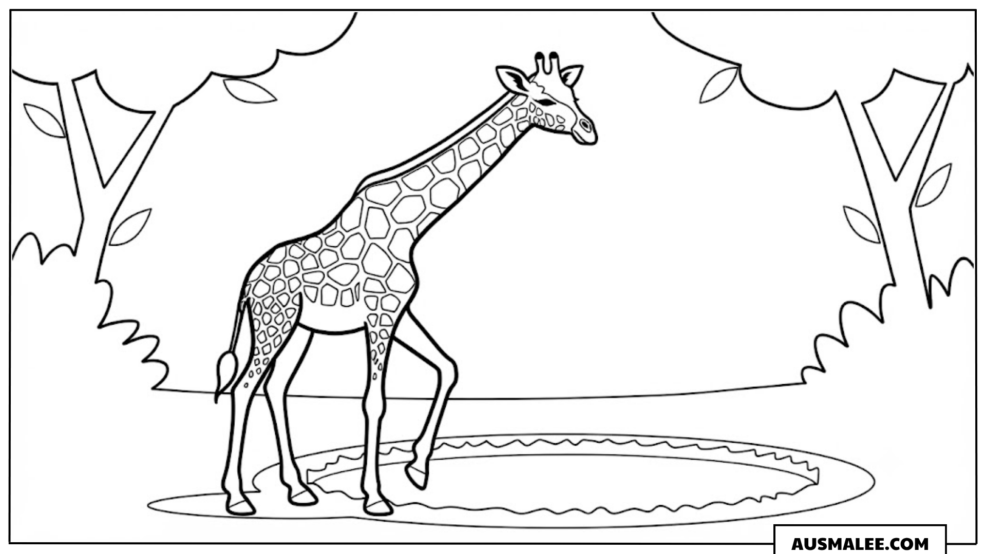 Ausmalbild Giraffe unter dem Baum
