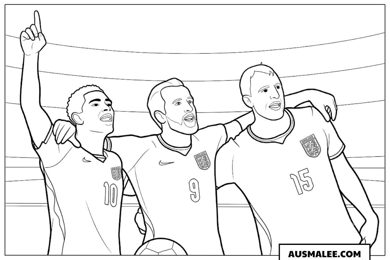 Ausmalbild Harry Kane, Jude Bellingham und Dan Burn feiern