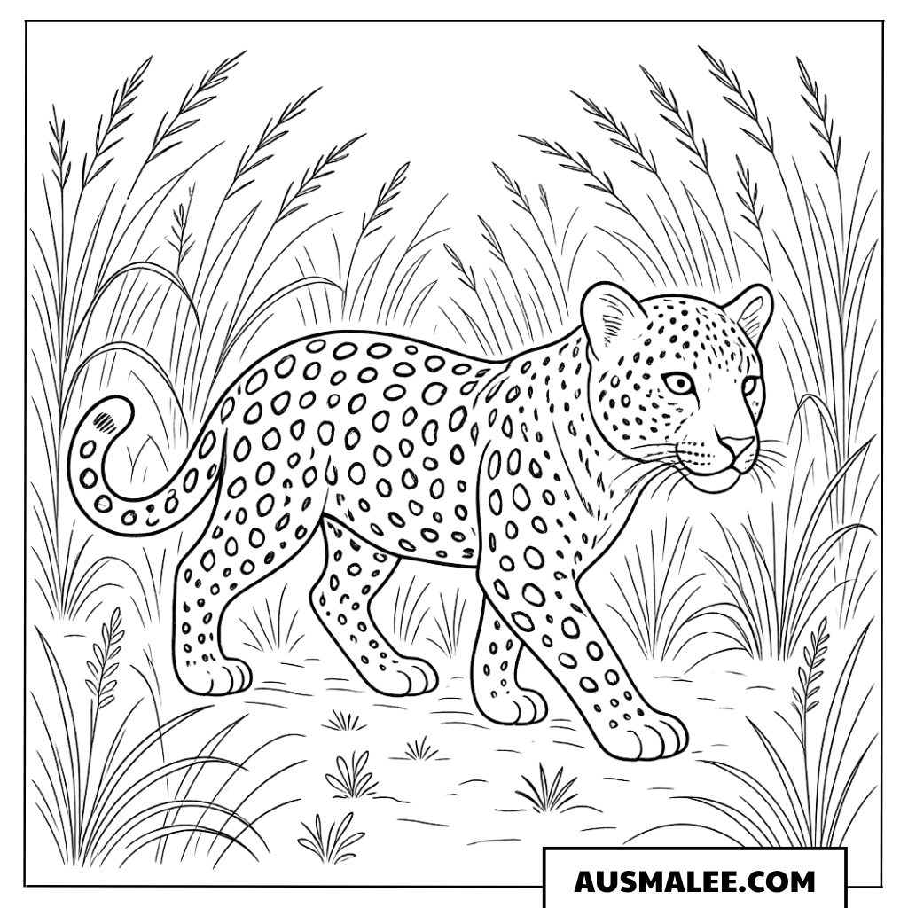 Ausmalbild Junger Leopard in hohem Gras