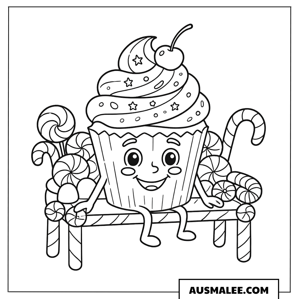 Ausmalbild Kawaii Cupcake auf Bank