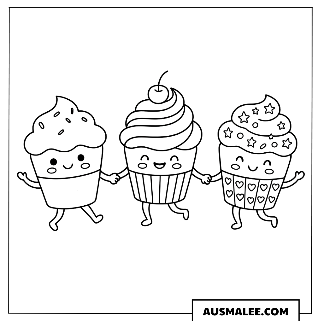 Ausmalbild Kawaii Cupcakes