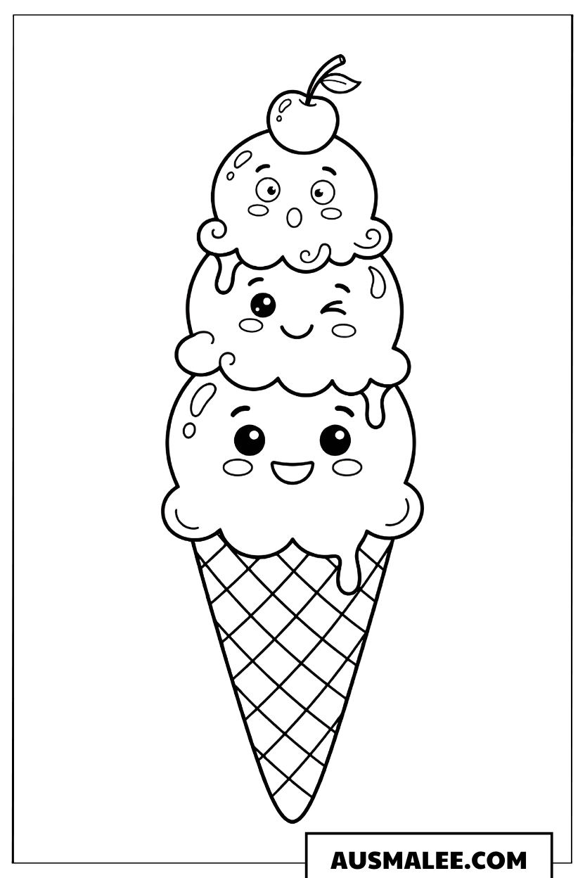 Ausmalbild Kawaii Eiscreme-Turm