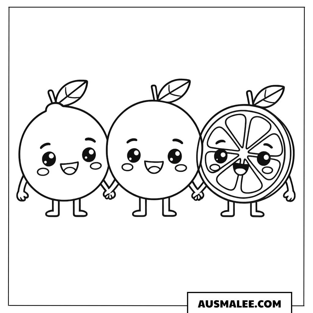 Ausmalbild Kawaii-Früchtegruppe