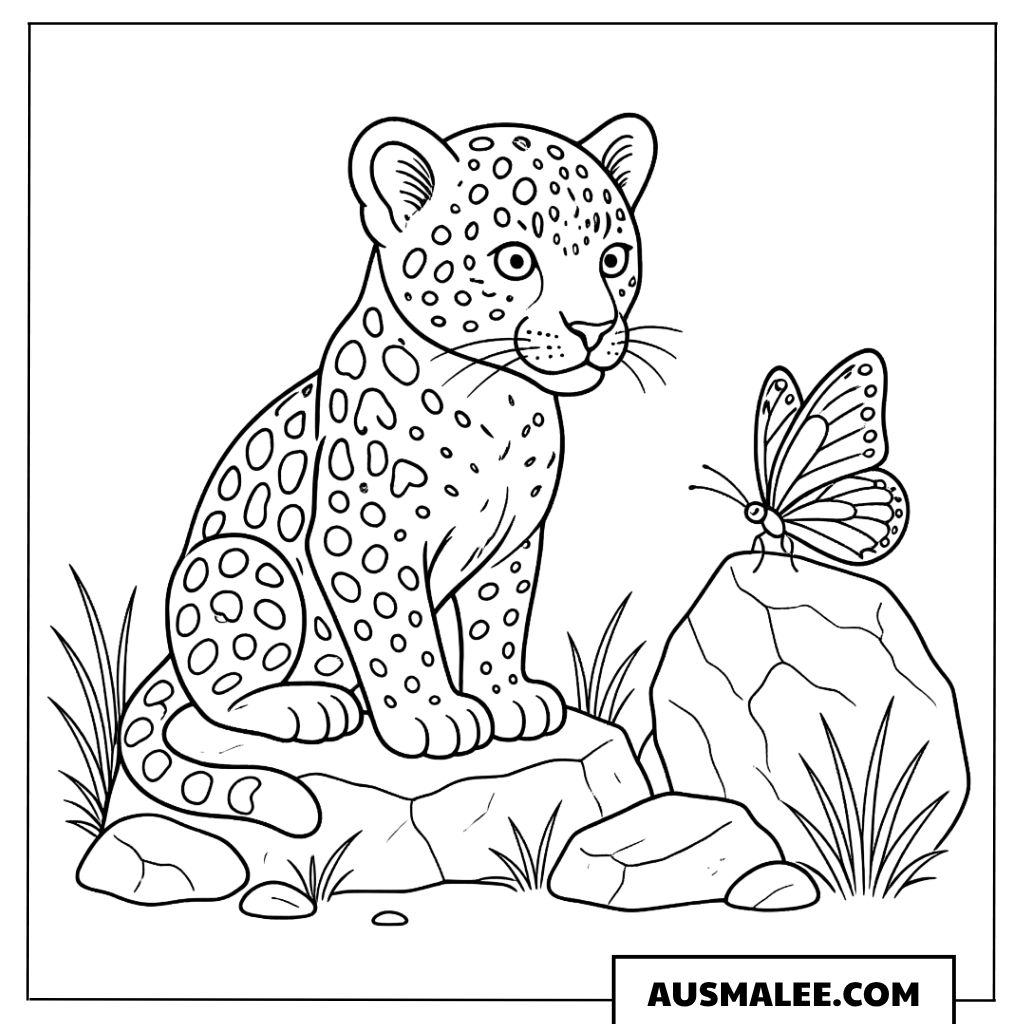 Ausmalbild Kleiner Leopard mit Schmetterling