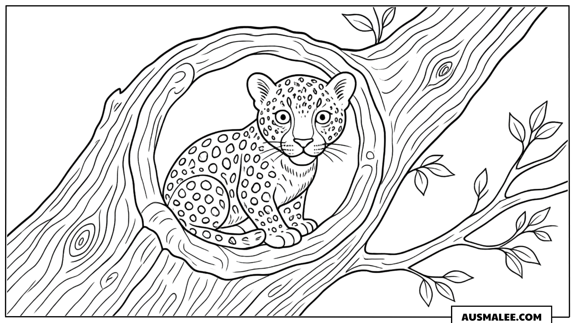Ausmalbild Leopard-Baby in der Baumhöhle