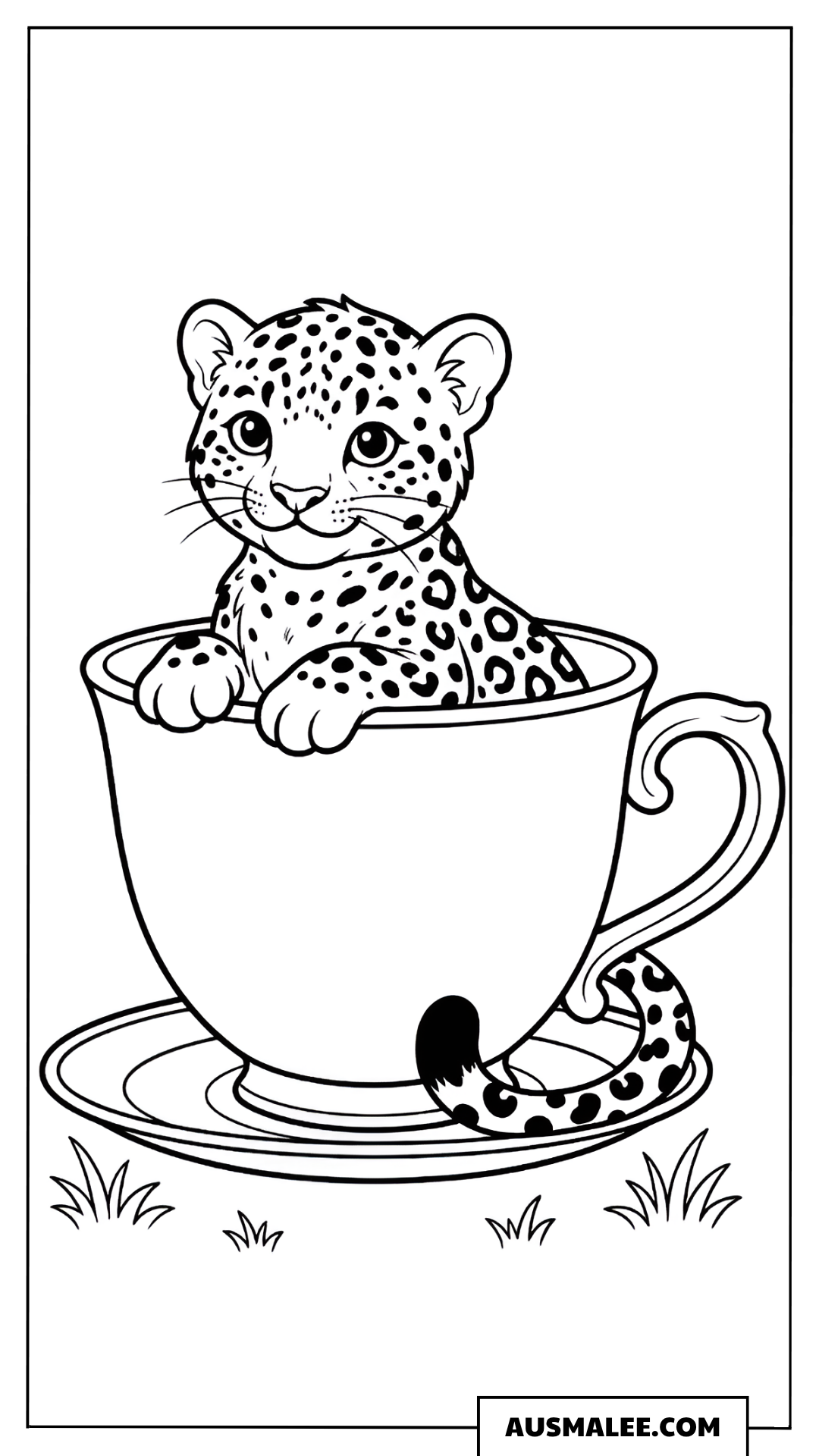 Ausmalbild Leopard-Baby in der Teetasse