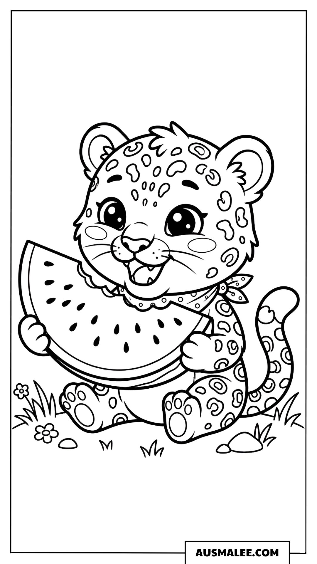 Ausmalbild Leopard-Baby isst Wassermelone