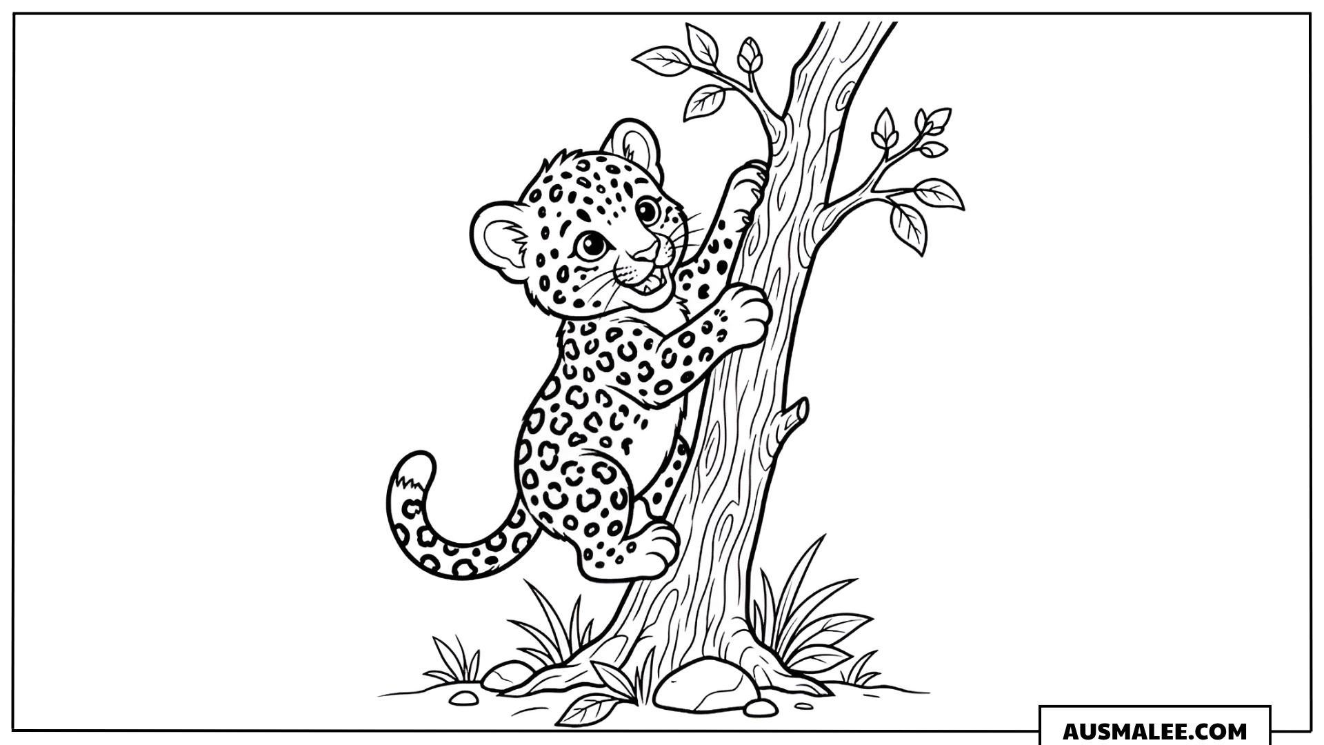 Ausmalbild Leopard-Baby klettert am Baum