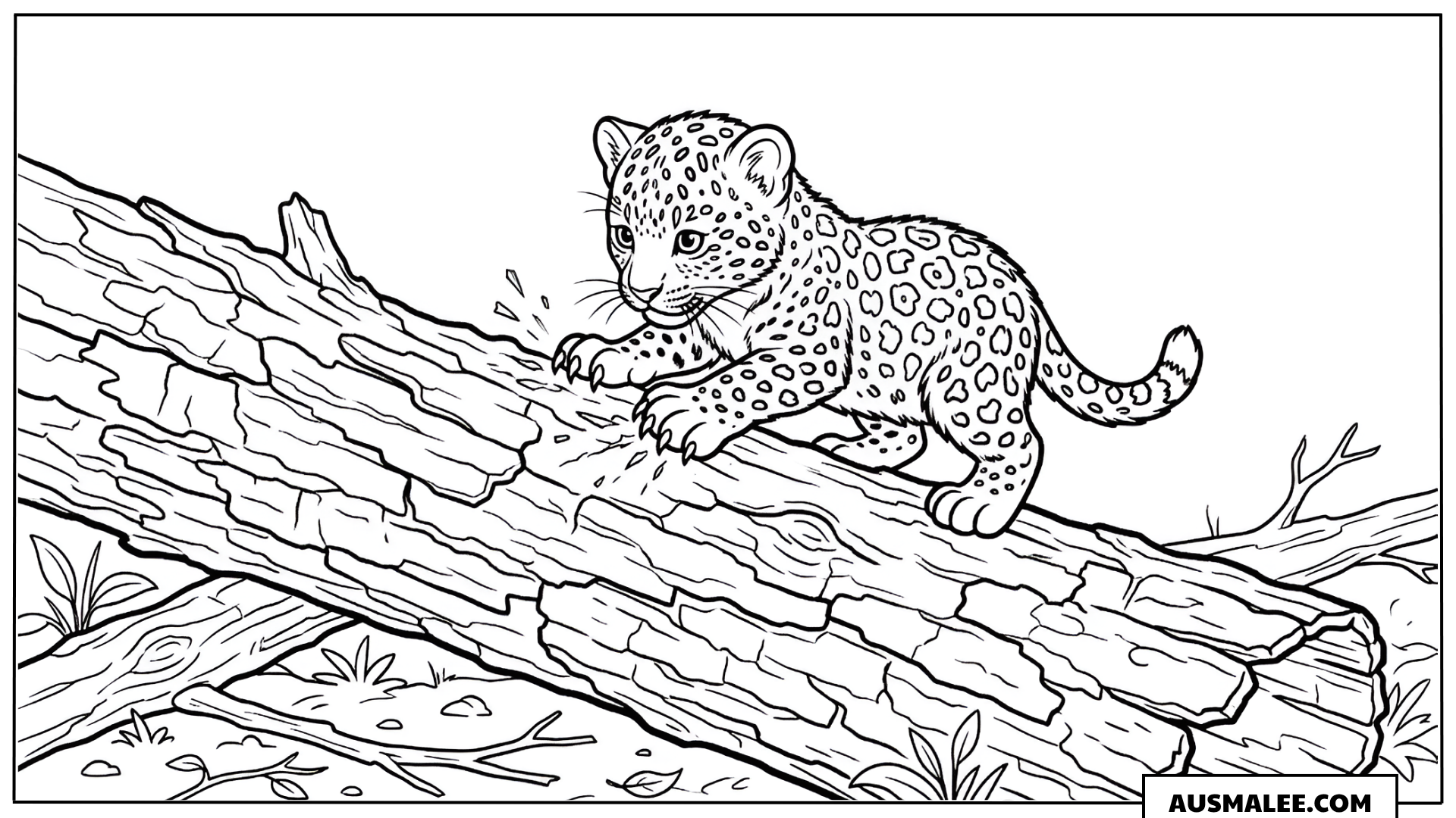 Ausmalbild Leopard-Baby läuft auf Baumstamm