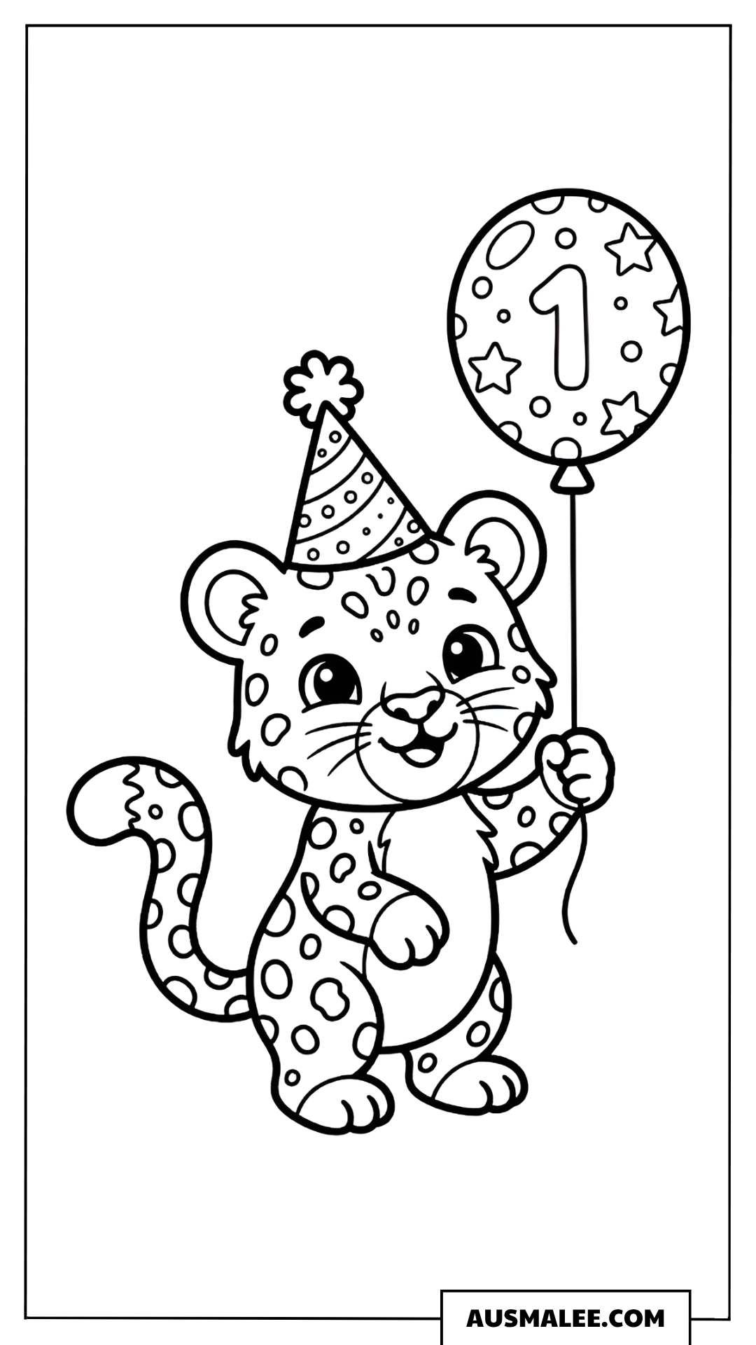 Ausmalbild Leopard-Baby mit Partyhut und Ballon