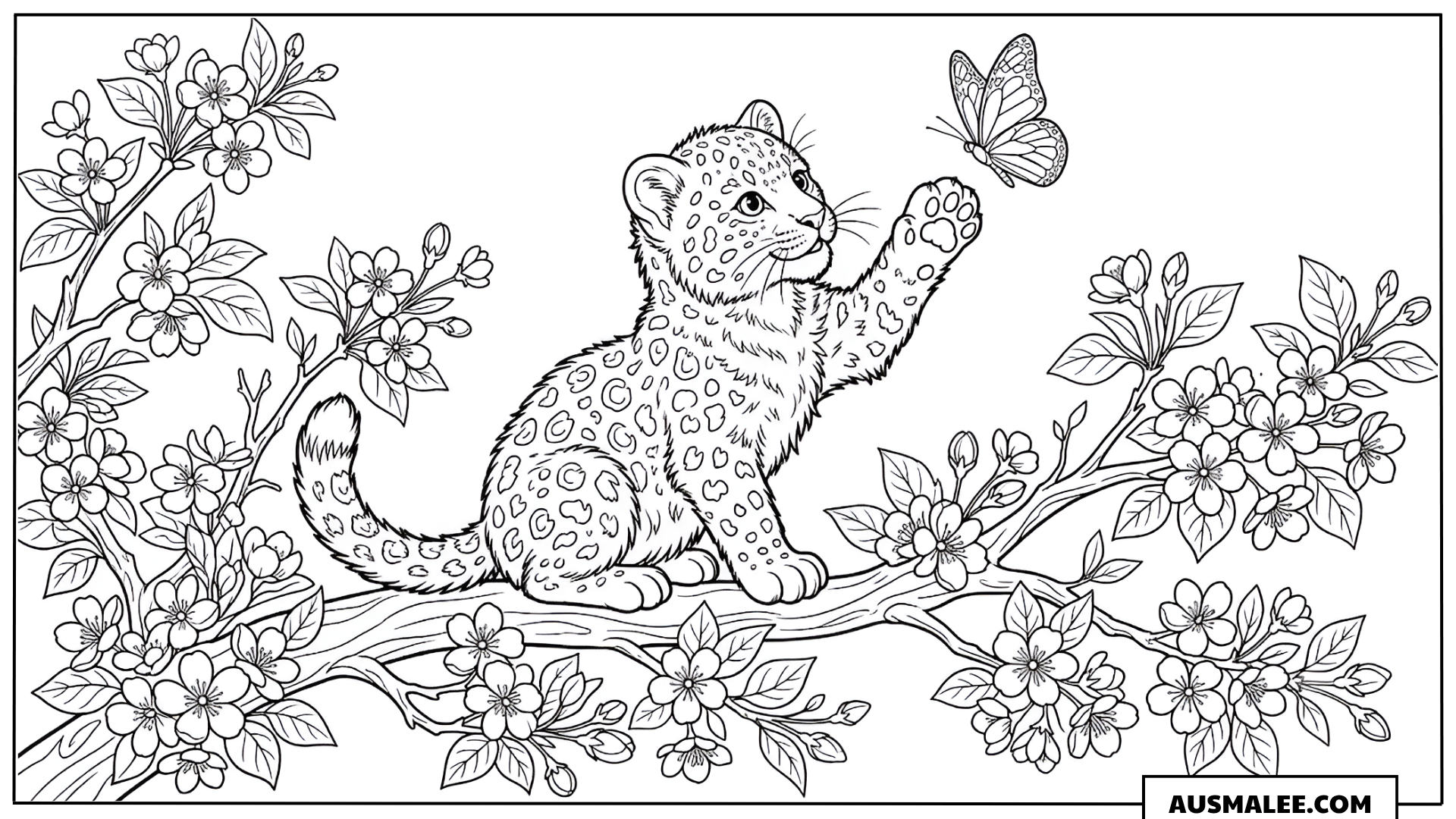 Ausmalbild Leopard-Baby mit Schmetterling