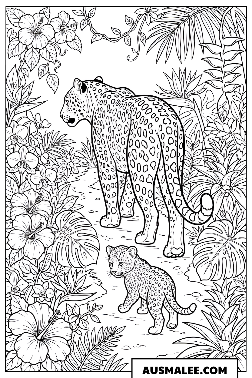 Ausmalbild Leopard-Mutter mit Baby im Dschungel
