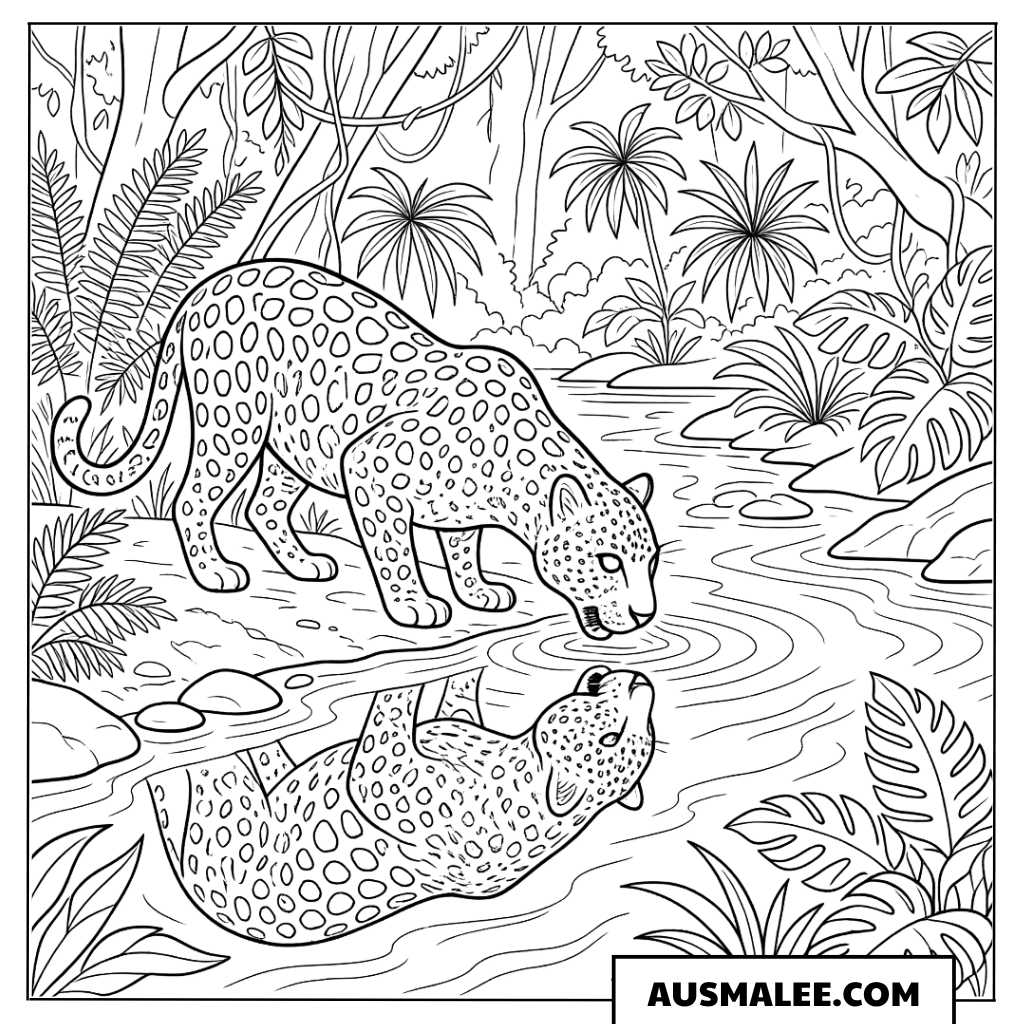 Ausmalbild Leopard am Wasser mit Spiegelung