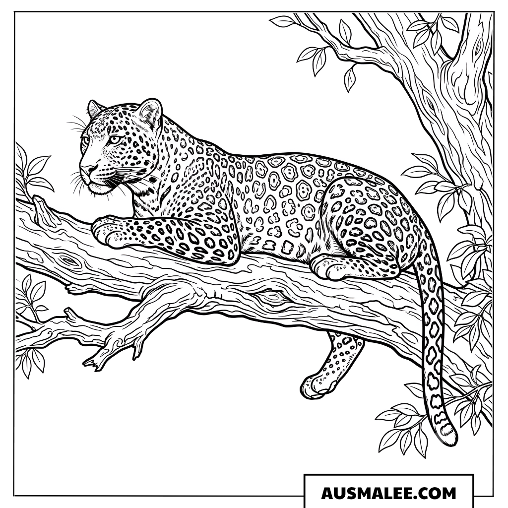 Ausmalbild Leopard auf dem Ast lauernd