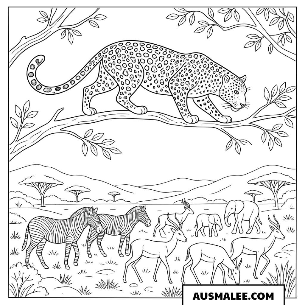 Ausmalbild Leopard auf dem Ast mit Savanne