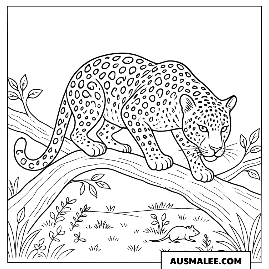Ausmalbild Leopard auf dem Ast mit kleinem Tier