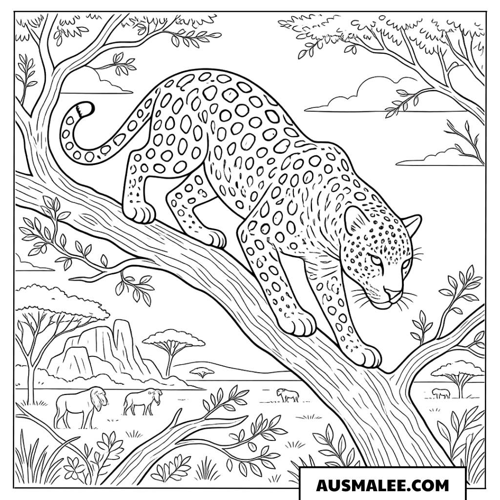 Ausmalbild Leopard auf dem Ast über der Savanne