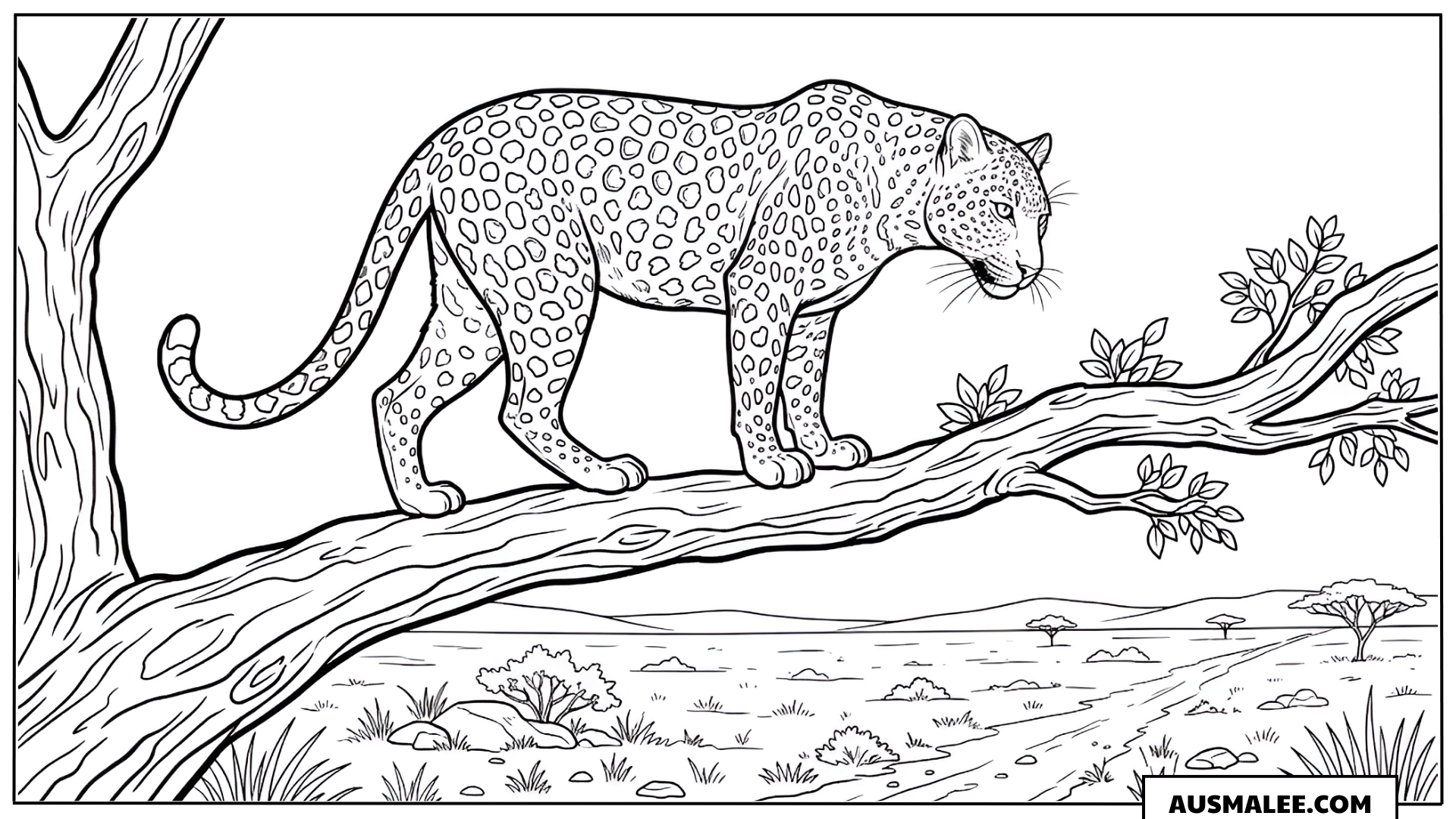 Ausmalbild Leopard auf dem Baumstamm
