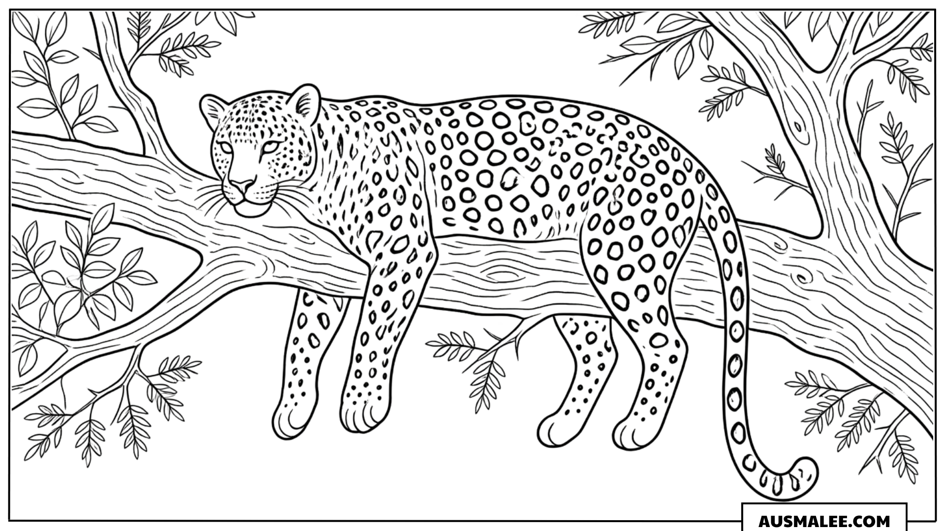 Ausmalbild Leopard auf einem Ast