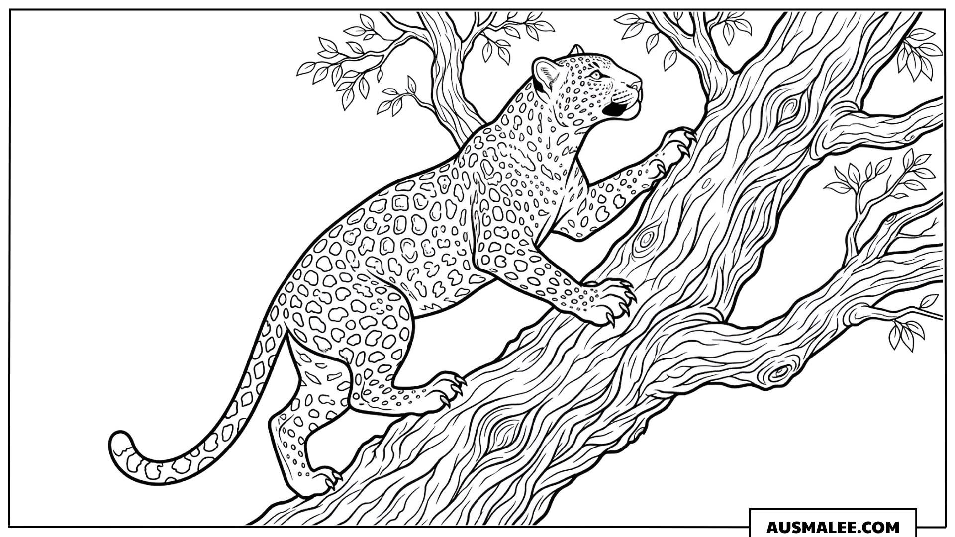Ausmalbild Leopard beim Klettern