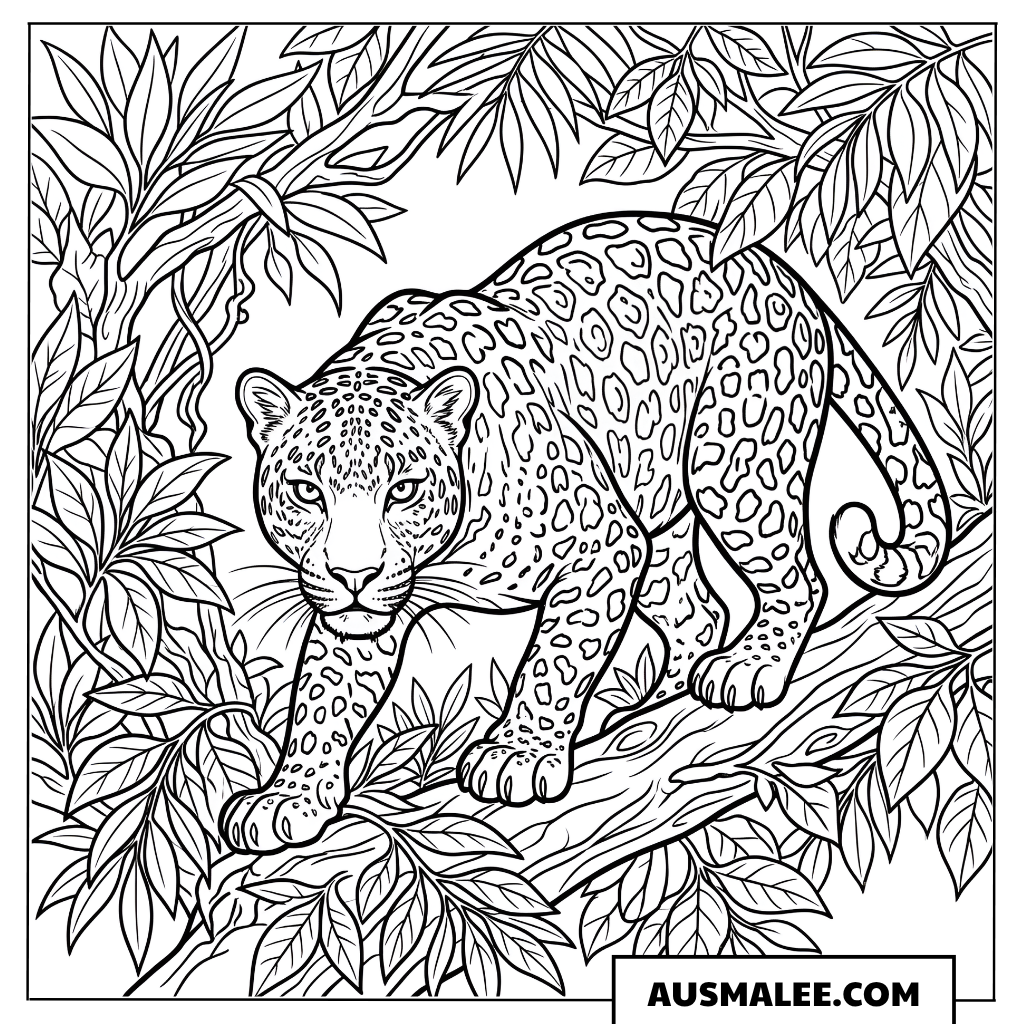 Ausmalbild Leopard im Blätterdickicht