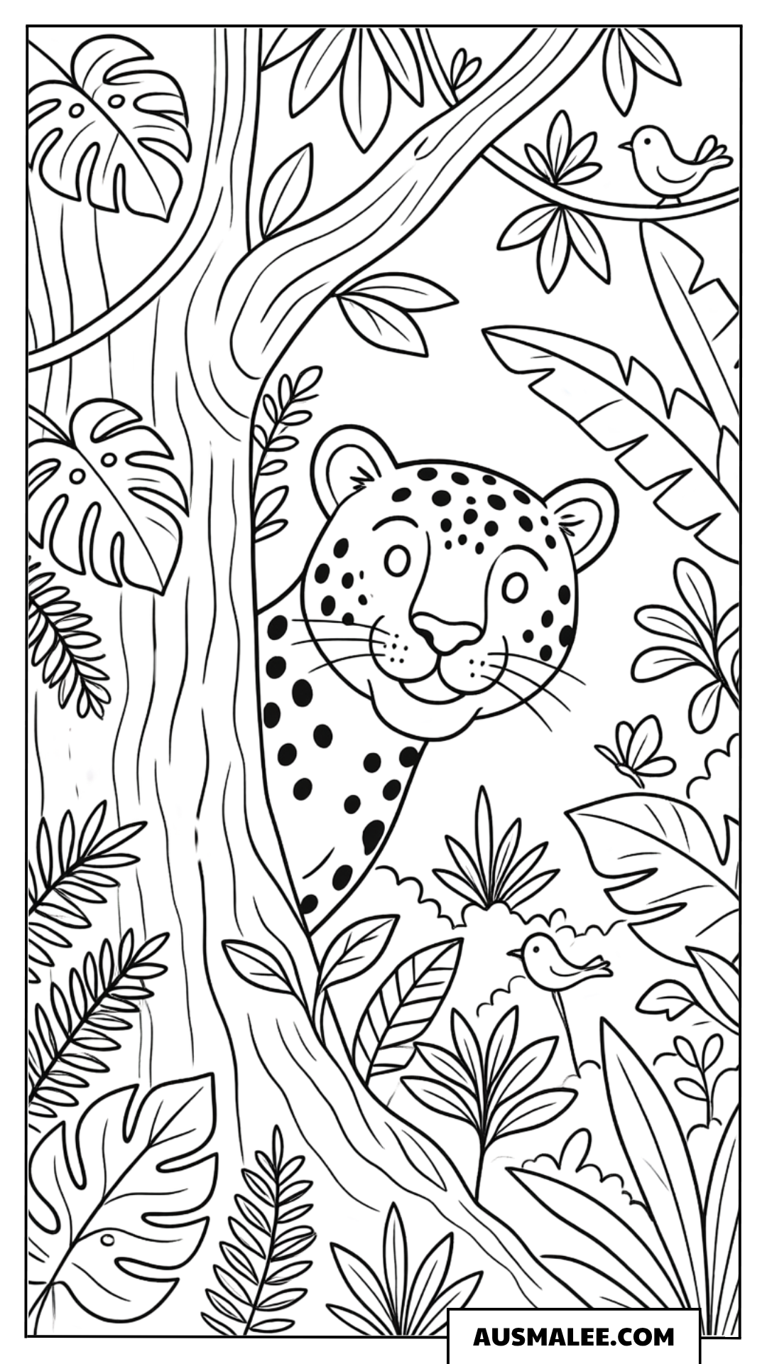 Ausmalbild Leopard im dichten Blätterwald