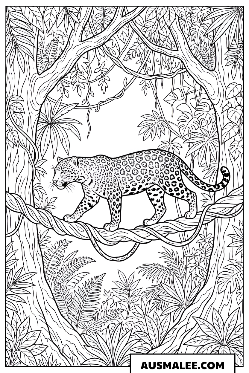 Ausmalbild Leopard im dichten Dschungel
