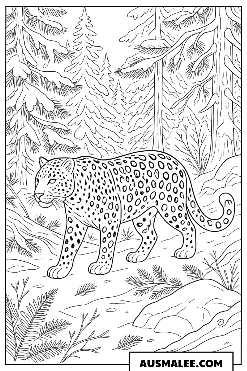 Ausmalbild Leopard im dichten Wald