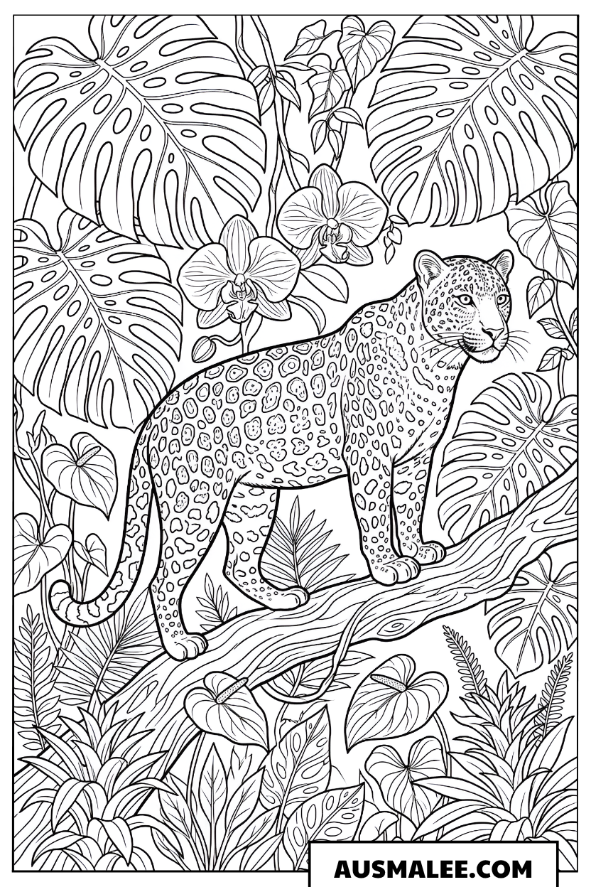 Ausmalbild Leopard im tropischen Wald
