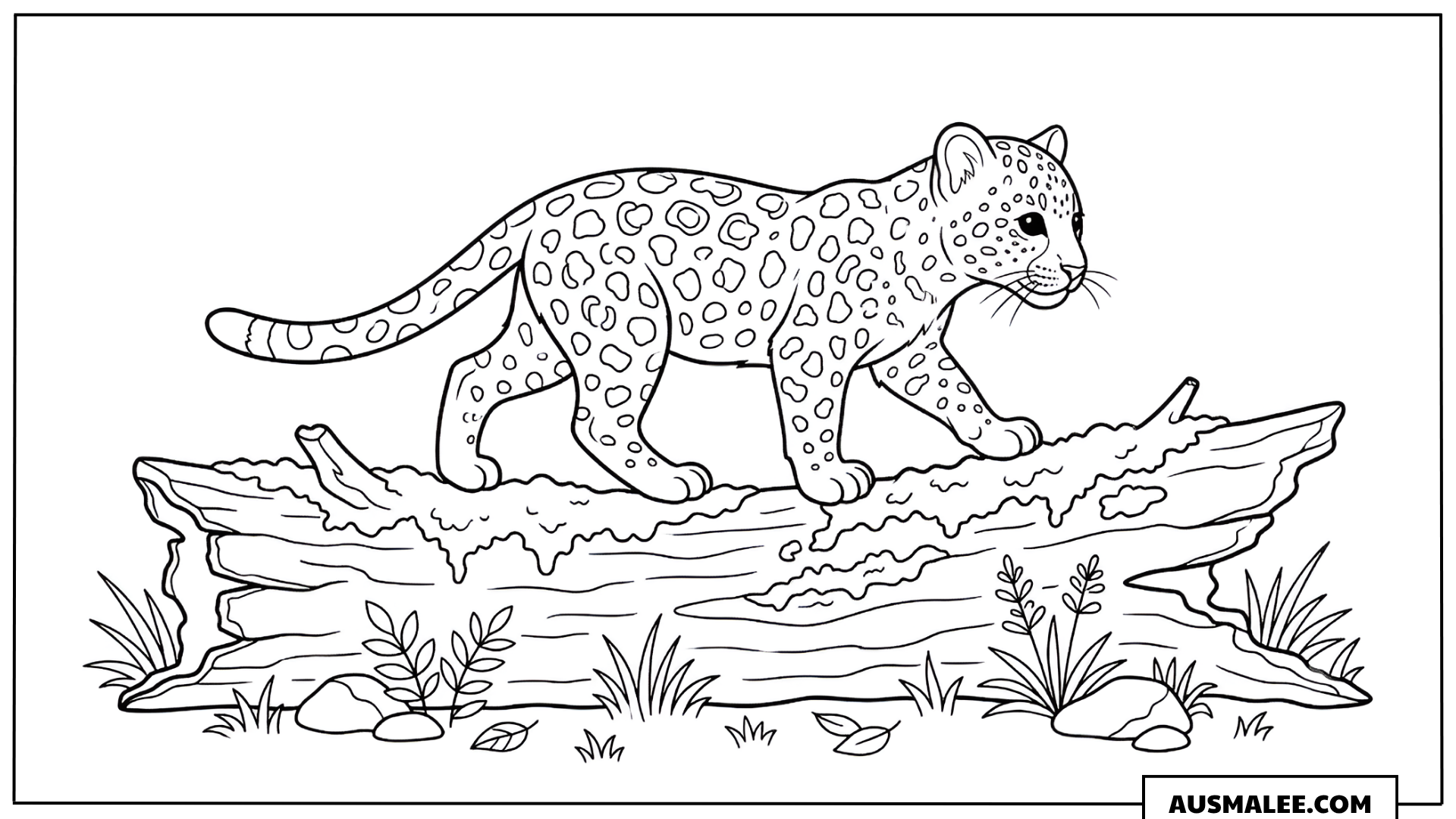 Ausmalbild Leopard läuft auf umgefallenem Baum