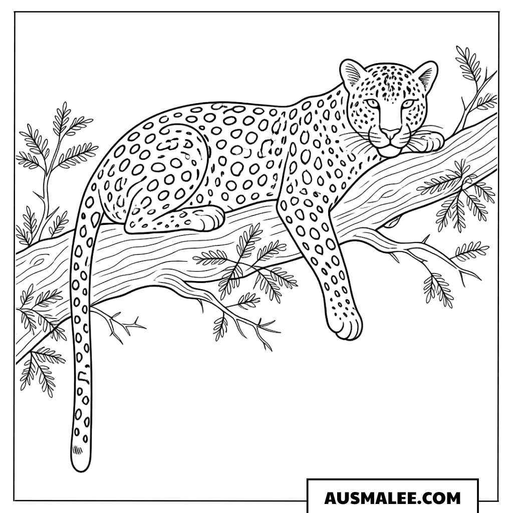 Ausmalbild Leopard liegend auf dem Ast