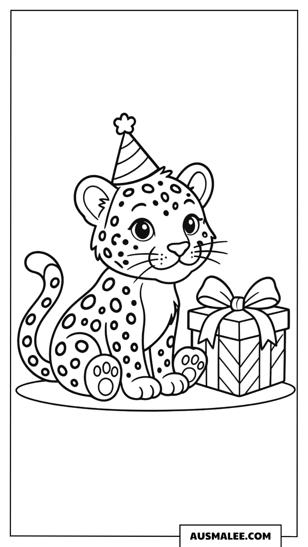 Ausmalbild Leopard mit Geburtstagsmütze