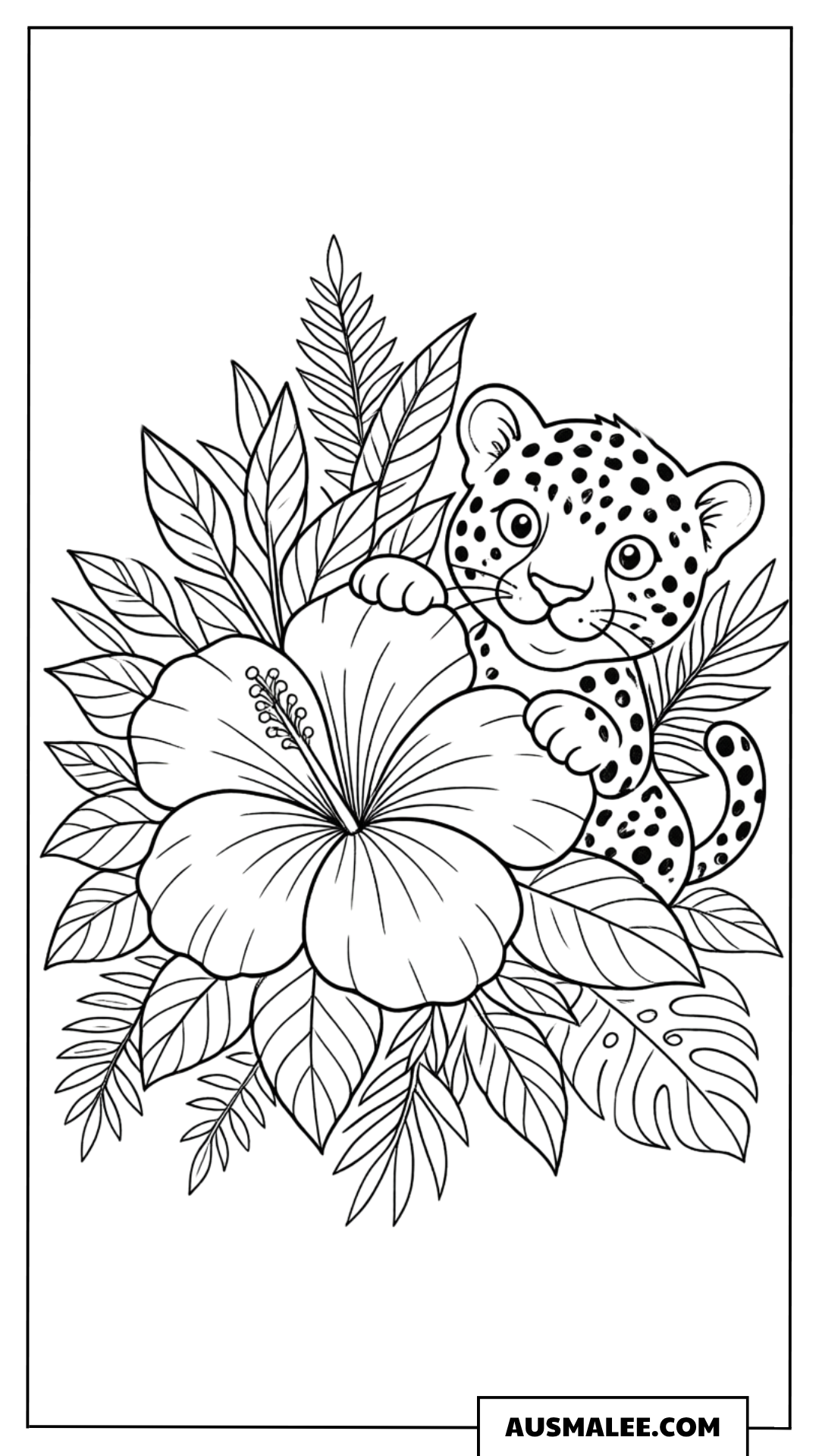 Ausmalbild Leopard mit Hibiskusblume