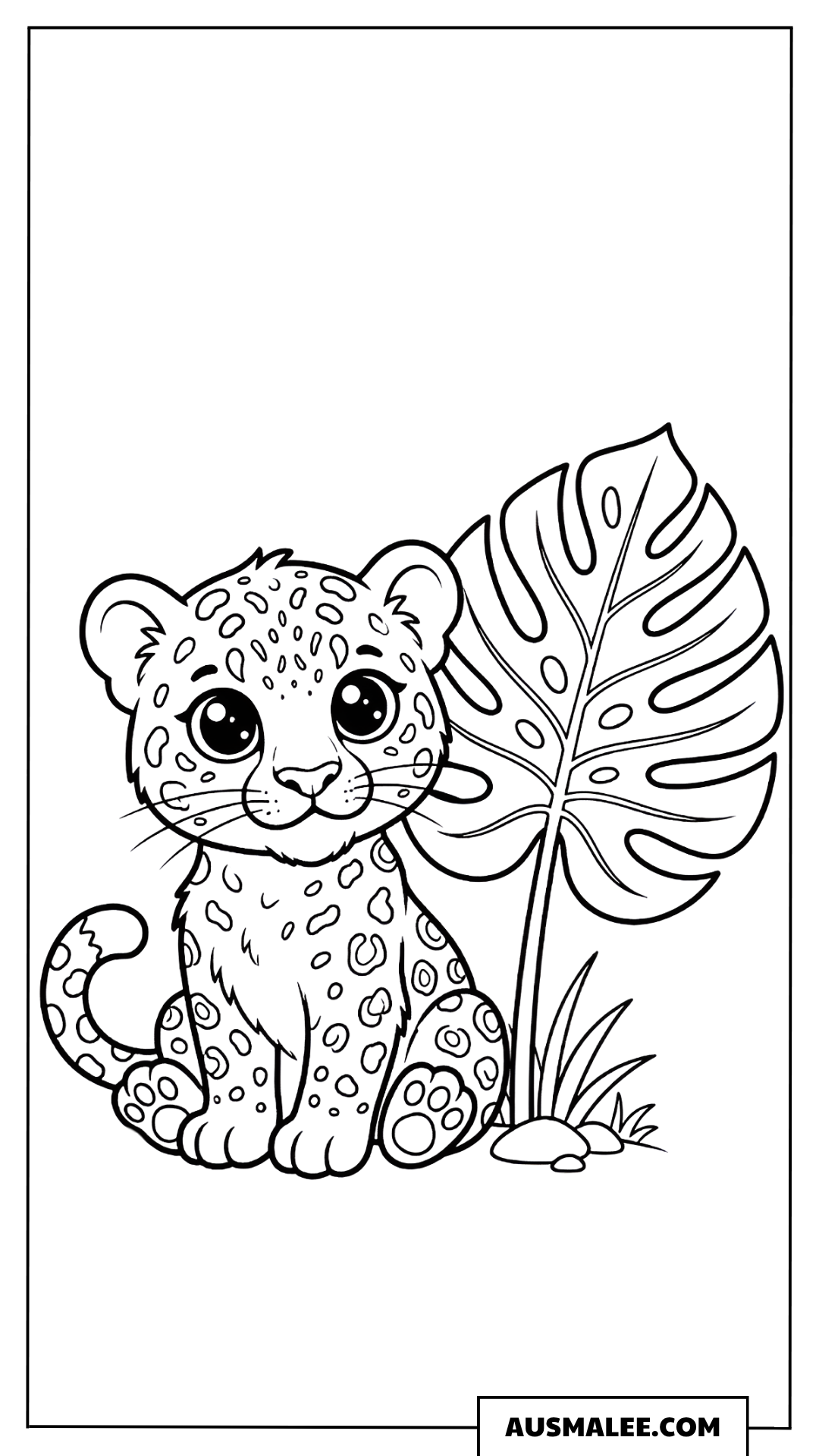 Ausmalbild Leopard mit Monstera-Blatt