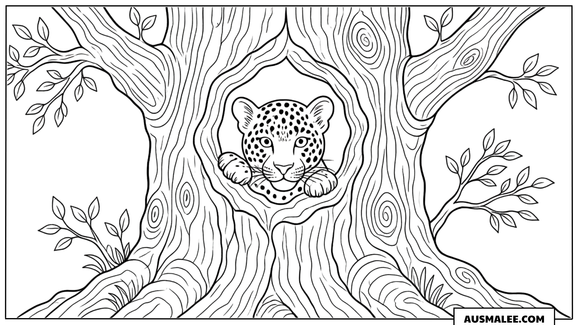 Ausmalbild Leopard schaut aus Baumhöhle