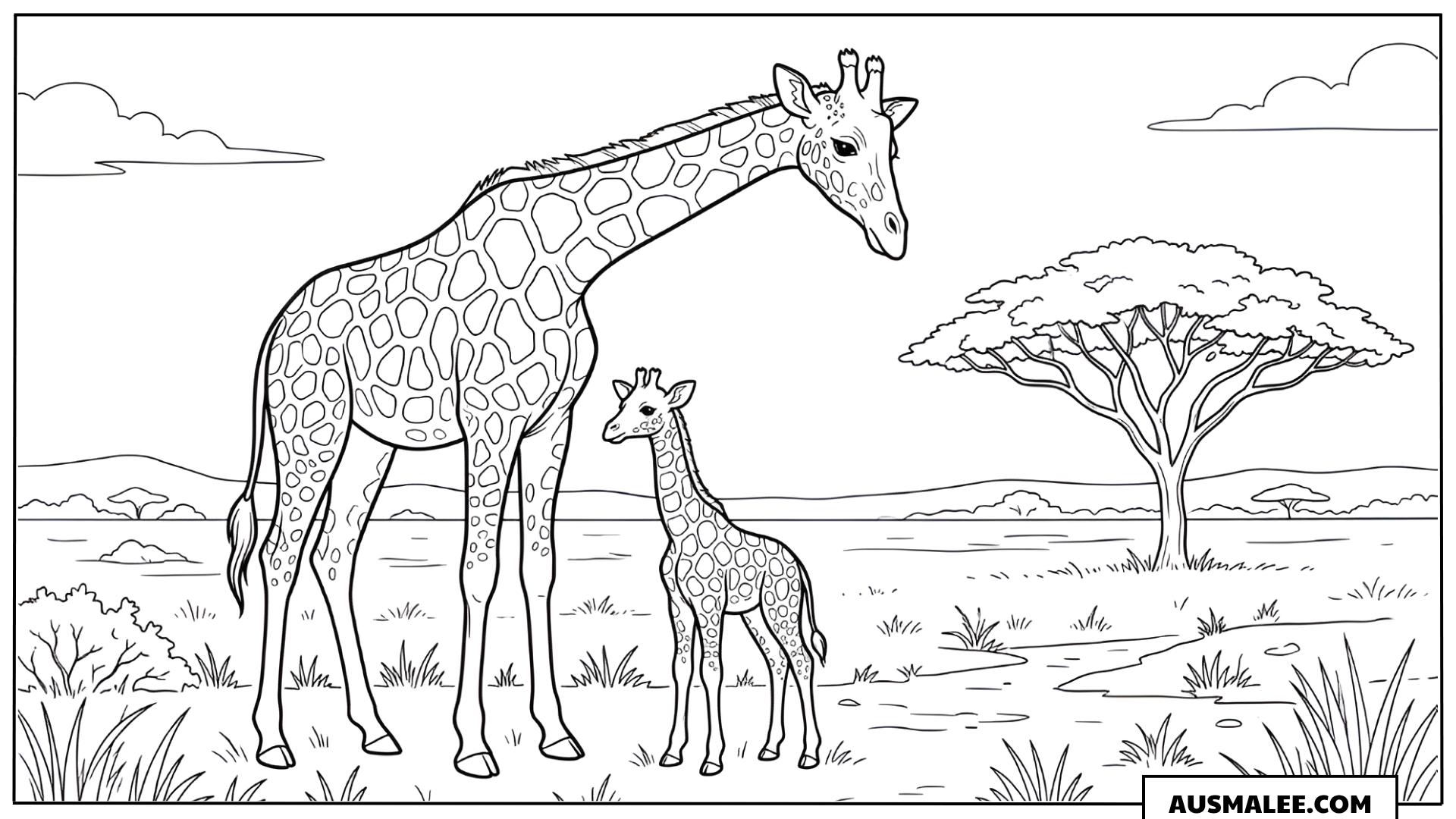 Ausmalbild Mama-Giraffe mit Baby