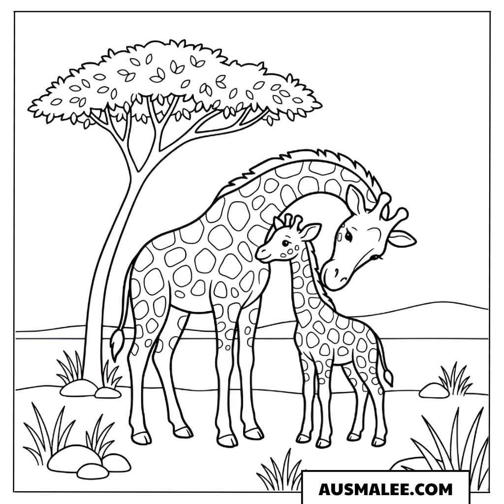 Ausmalbild Mama und Baby Giraffe