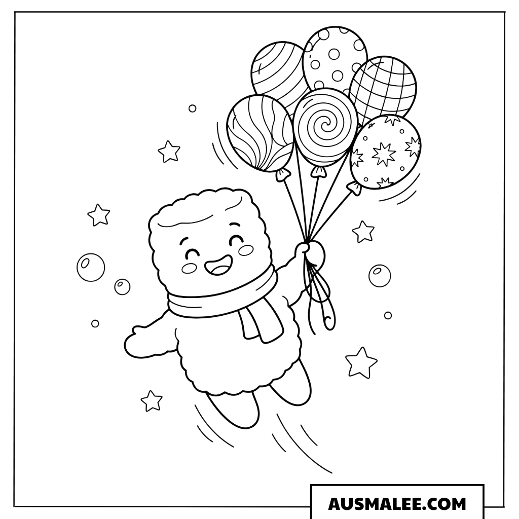 Ausmalbild Marshmallow mit Ballons
