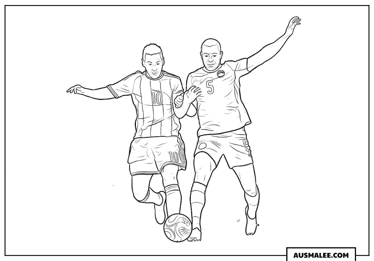 Ausmalbild Messi und Spieler im Zweikampf