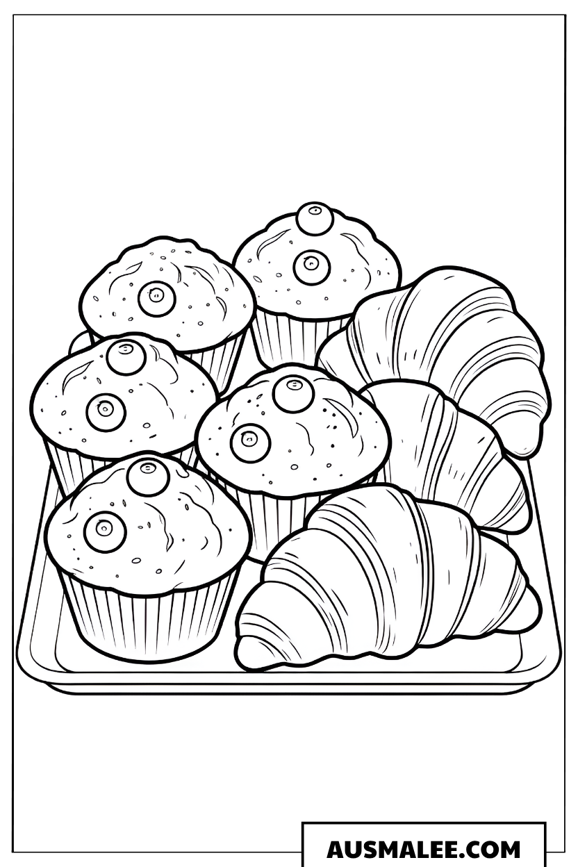 Ausmalbild Muffins und Croissants