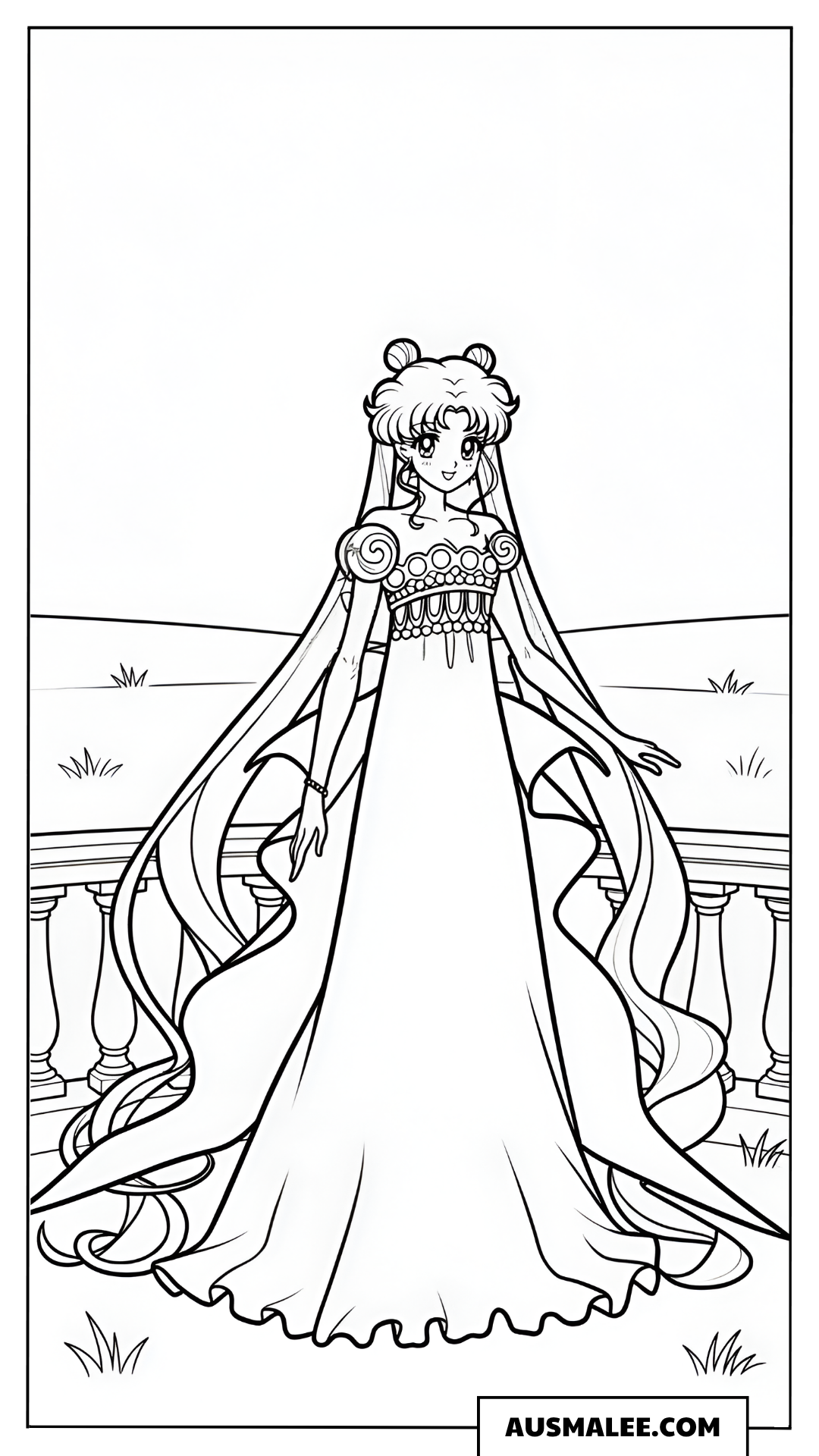 Ausmalbild Prinzessin Serenity im langen Kleid