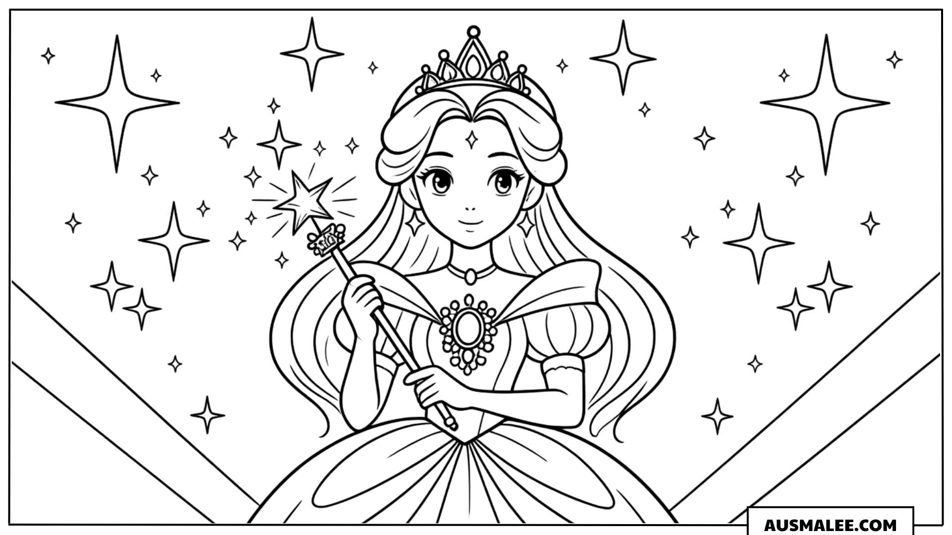 Ausmalbild Prinzessin mit Zauberstab