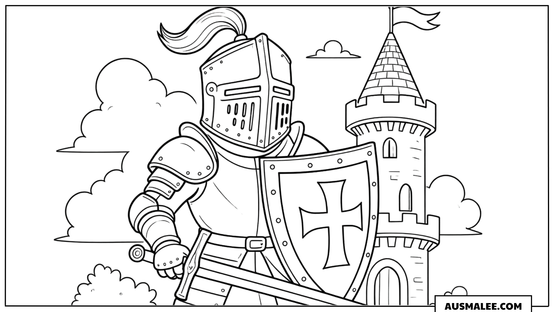 Ausmalbild Ritter vor der Burg